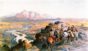 Indios americanos Painting - Planificación del ataque a la caravana 1900 Charles Marion Russell Indios americanos